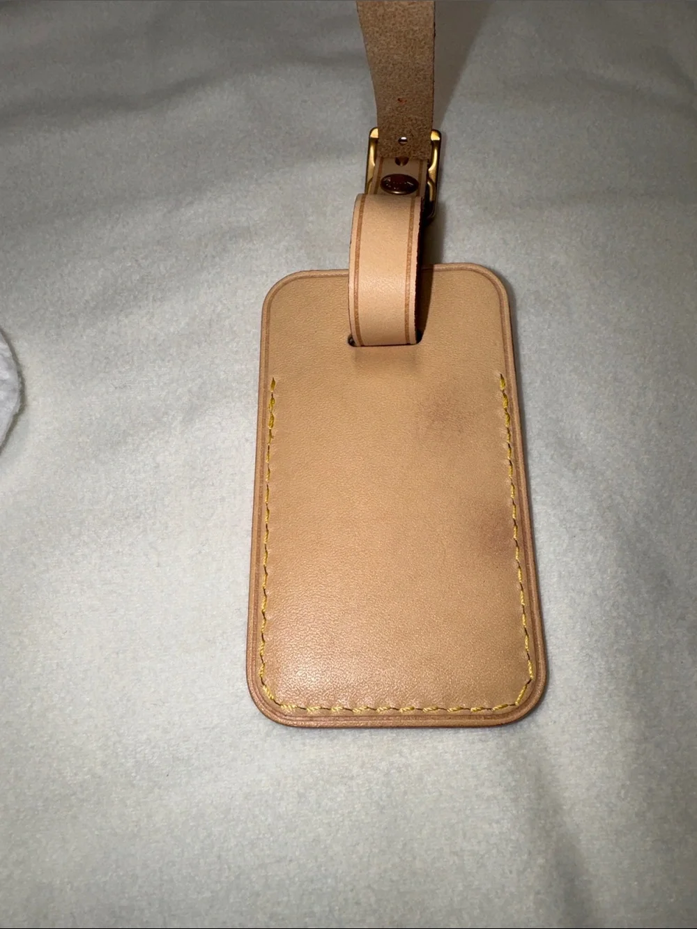 Louis Vuitton Beige Leather Luggage Tag with Yellow Stitching